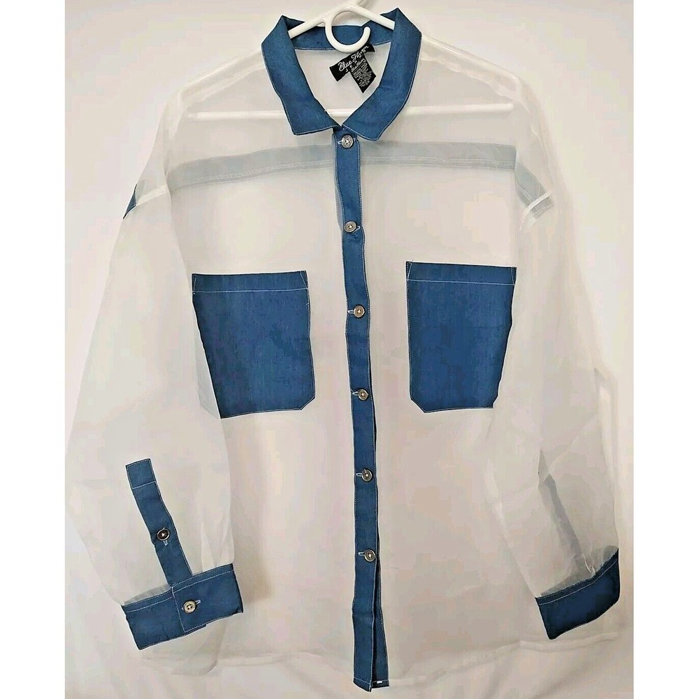 Women's Blue Haven White Sheer Long Sleeve Button Front Blouse Front...